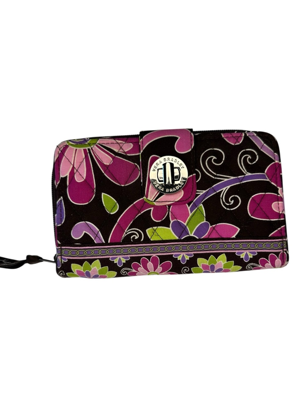 Vera Bradley Turn Lock Wristlet Wallet Brown Pink Purple Floral Zip Around